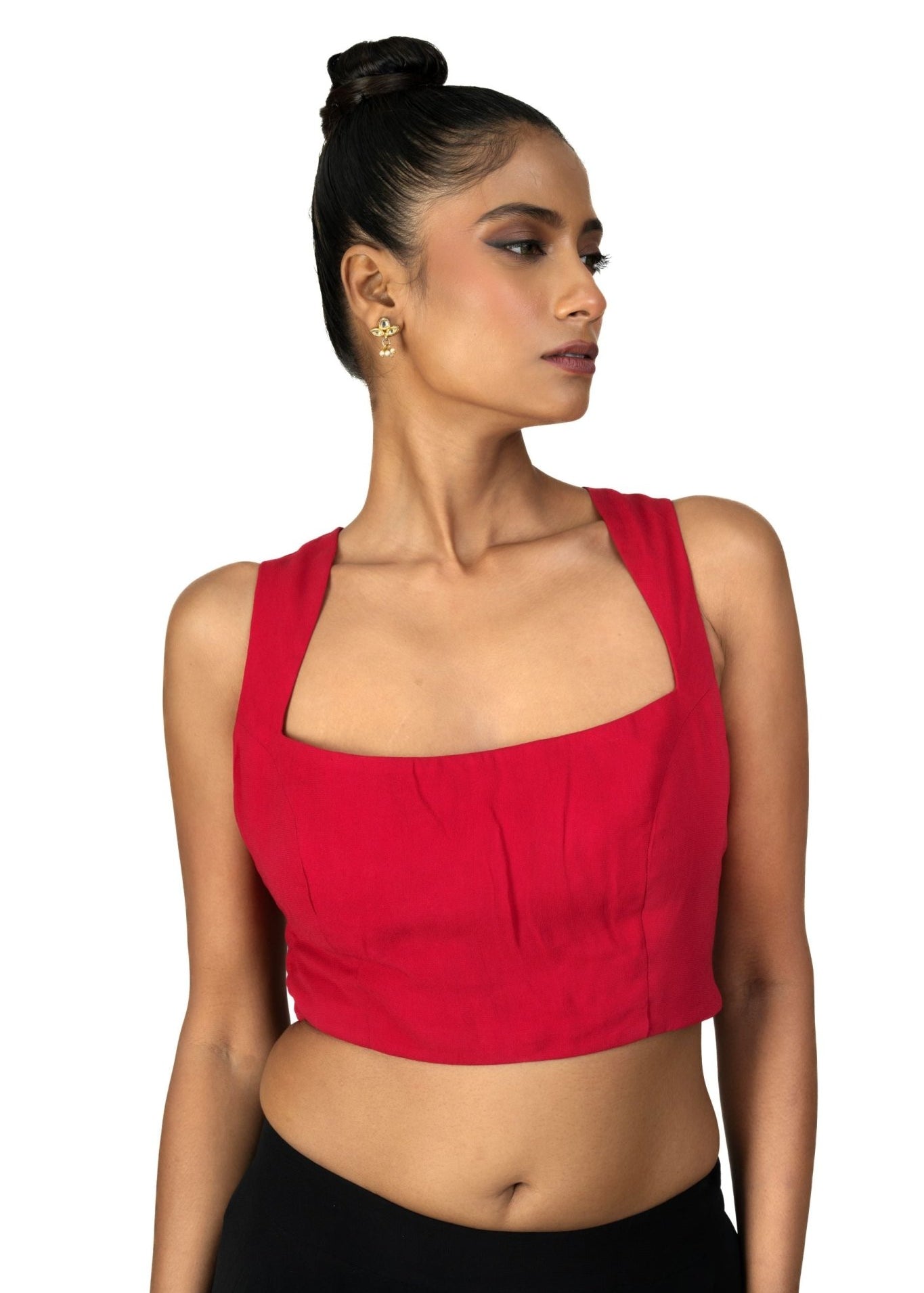 Red Broad Square Neck Sleeveless Blouse - Anvi Couture