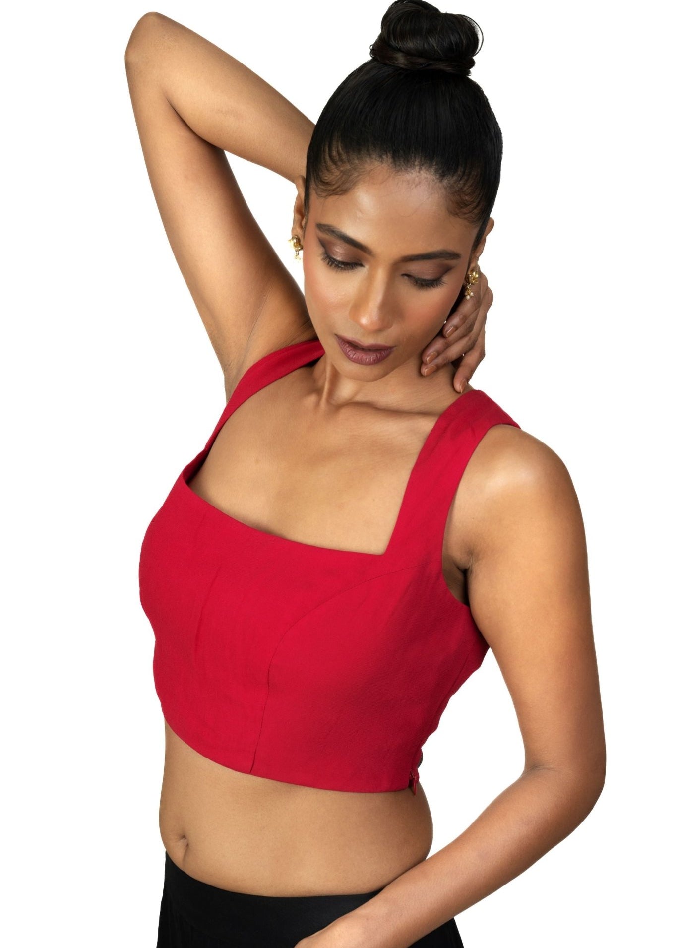 Red Broad Square Neck Sleeveless Blouse - Anvi Couture