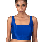Blue Raw Silk Square Neckline Sleeveless Blouse - image 1
