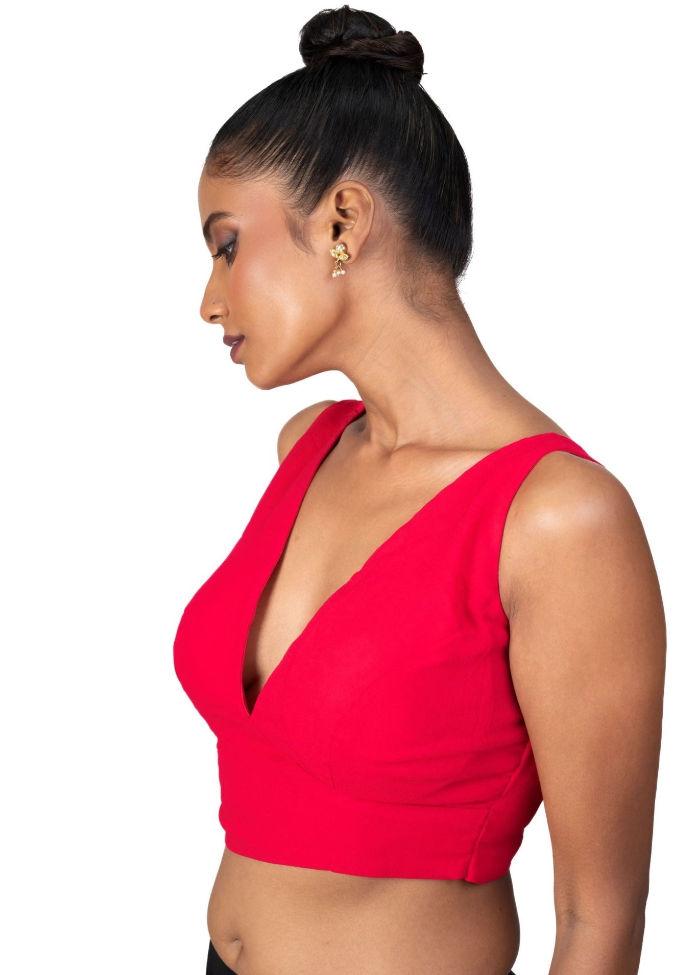 Rose Red V Neckline Sleeveless Blouse - Anvi Couture