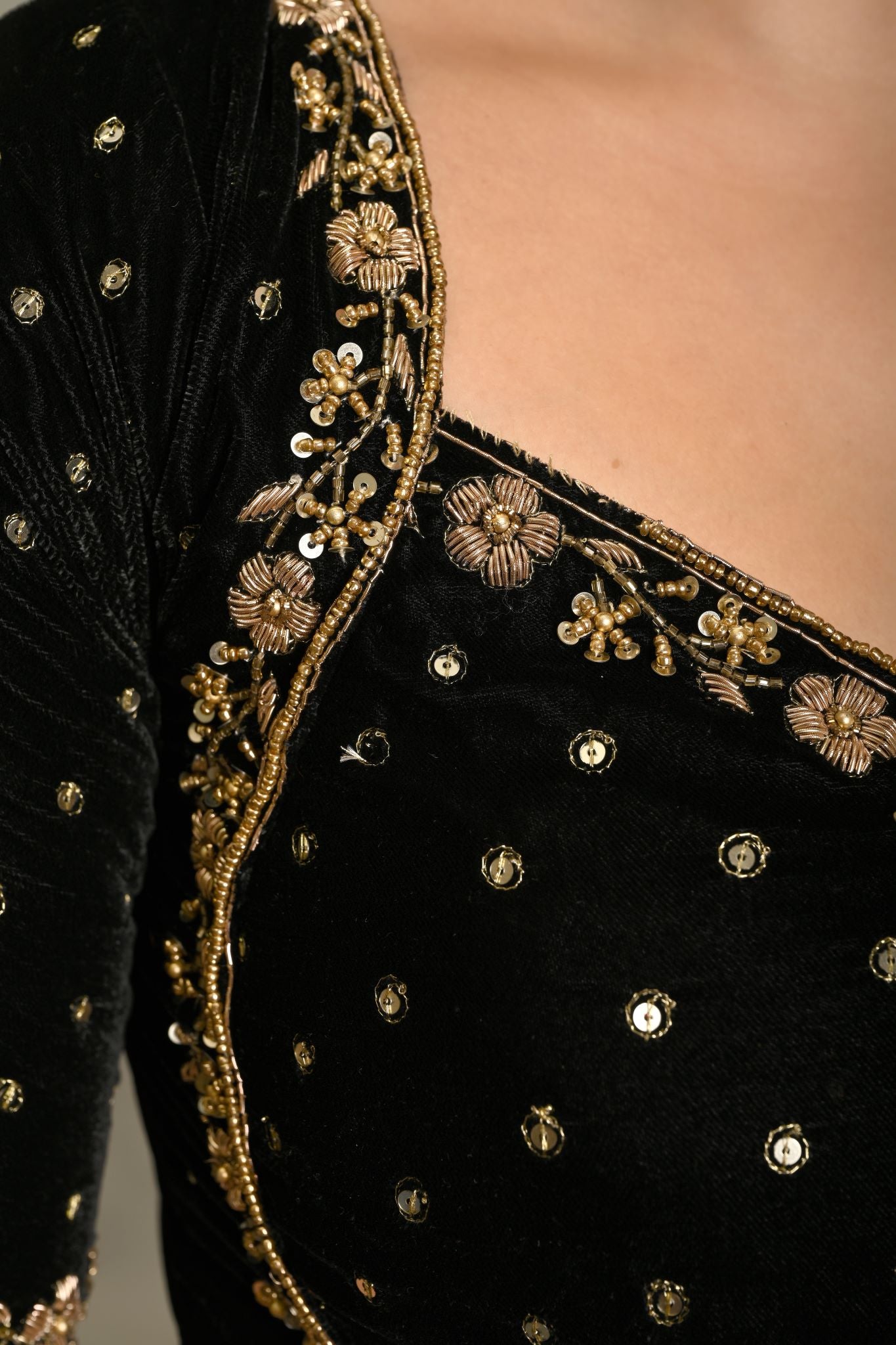 Black Zardosi Designer Backless Blouse In Velvet With Criss-Cross Tie-Up - Anvi Couture