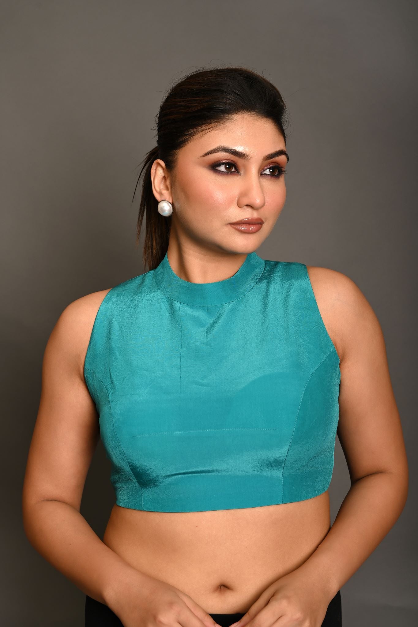 Teal Blue High Neckline Sleeveless Crepe Silk Blouse - Anvi Couture