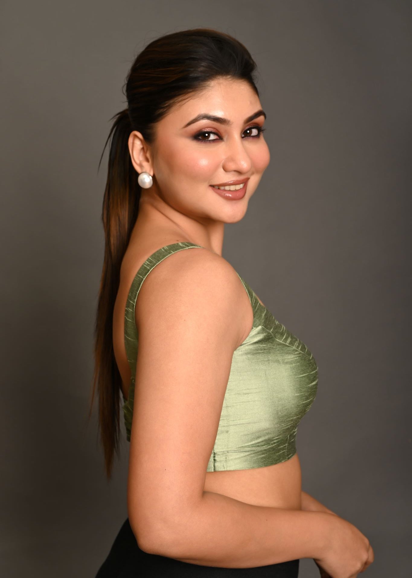 Pastel Green Blouse in Raw Silk With Sweetheart Neckline and broad strap - Anvi Couture