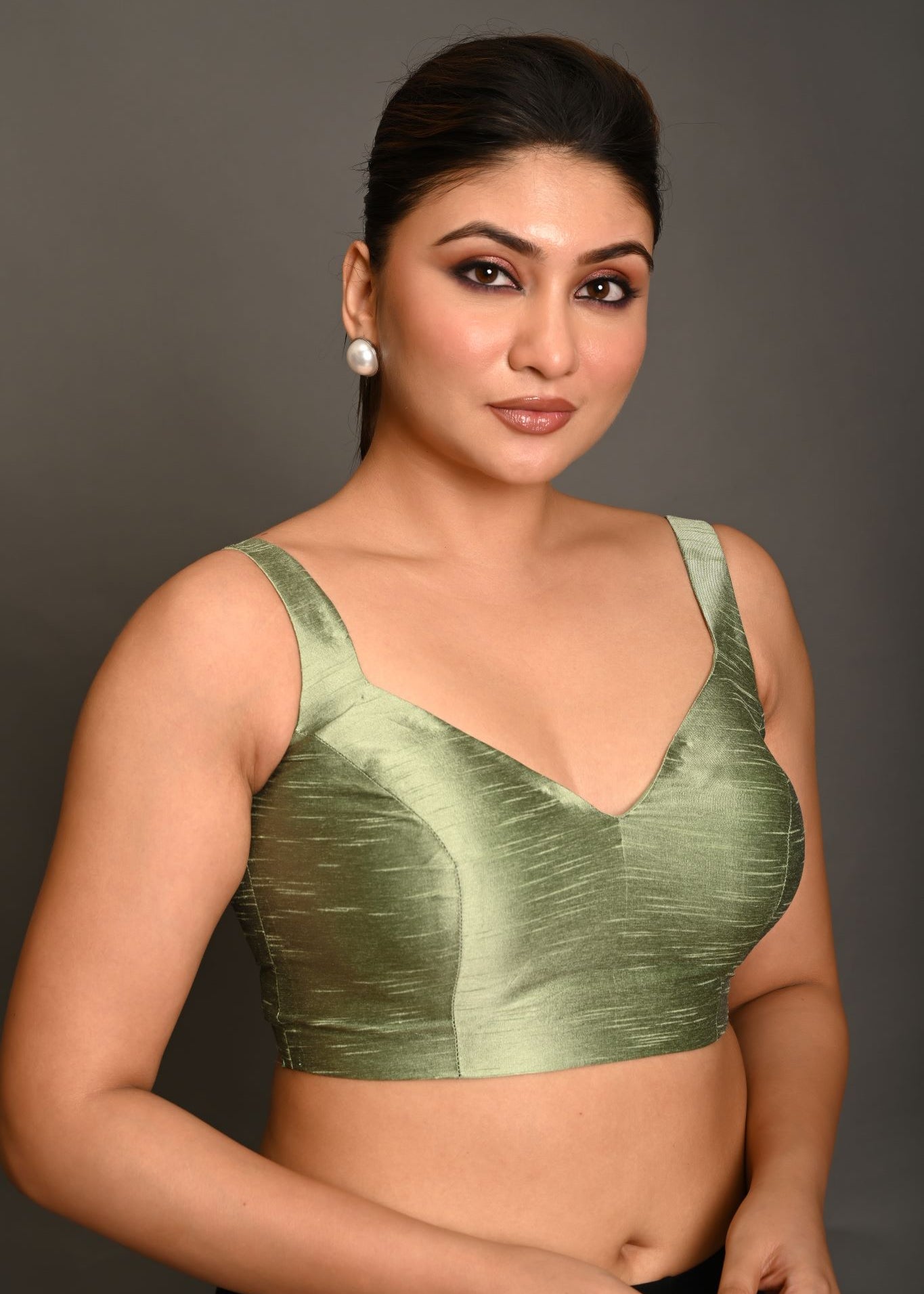 Pastel Green Blouse in Raw Silk With Sweetheart Neckline and broad strap - Anvi Couture