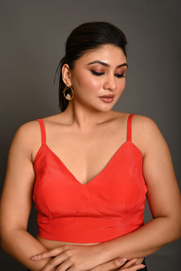 Bright Red Spaghetti Strap Crepe Silk Blouse with Sweetheart Neckline