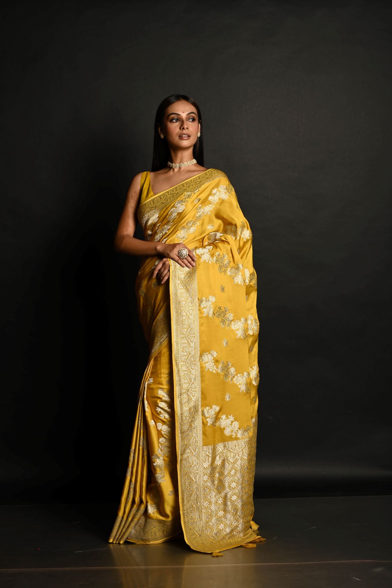 Yellow Pure Satin Silk Banarasi Saree with All Over Gold Zari Work - Anvi Couture
