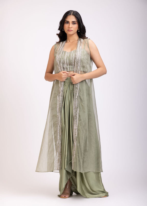 Sage Green Drape Skirt Set with Embroidered top and long Jacket - Anvi Couture