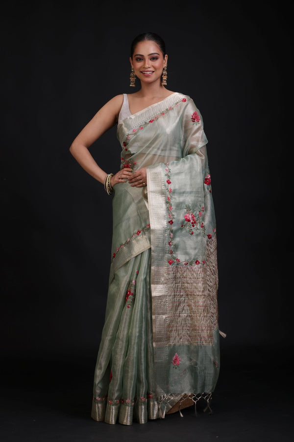Sage Green Tissue Kota Silk Saree With Floral Thread Embroidery - Anvi Couture