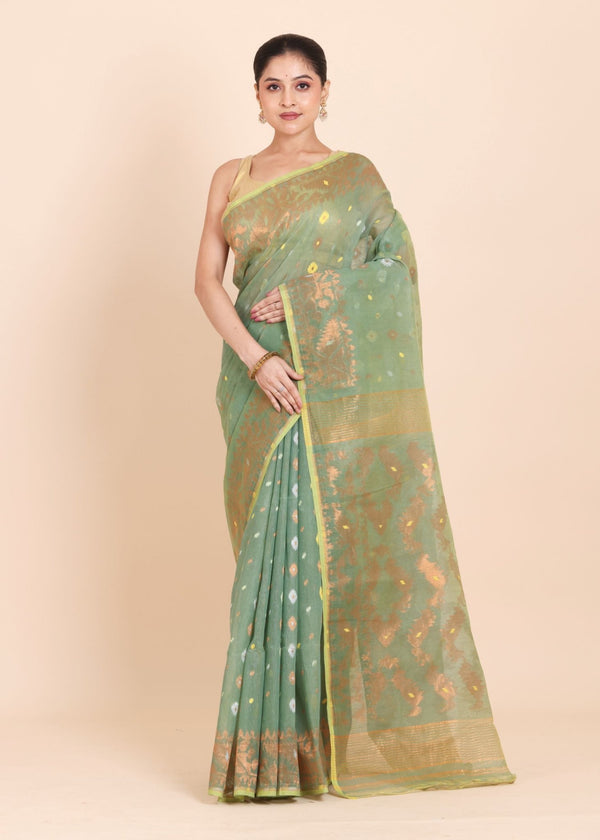 Sea Green Dhakai Jamdani Saree with allover Coper and Gold weaving work - Anvi Couture