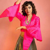 Banarasi Silk Skirt and Hot Pink Top with V-Neckline - Anvi Couture