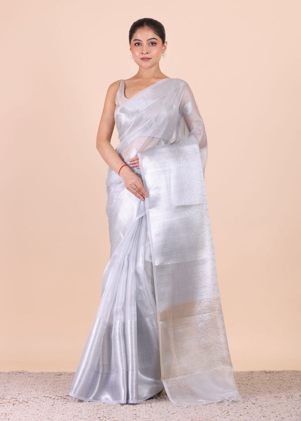 Silver Woven Tissue Silk Saree - Anvi Couture