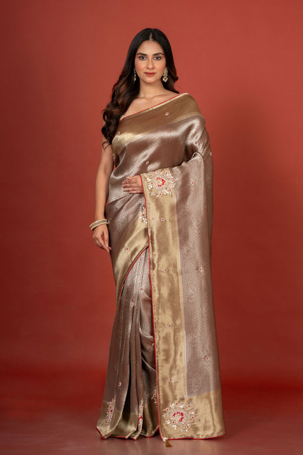 Silver and Gold tissue Silk Saree With Embroidered Work Full