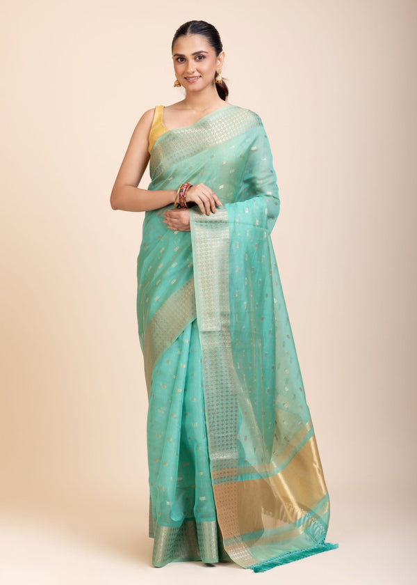 Sky Blue Kota Silk Saree With Golden Border and Pallu - Anvi Couture