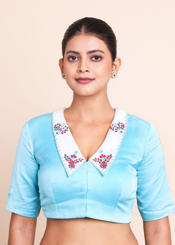Sky Blue Satin Silk Blouse with White Embroidered Collar Front