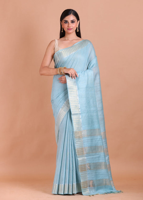 Sky Blue Silk Saree with Golden Border - Anvi Couture