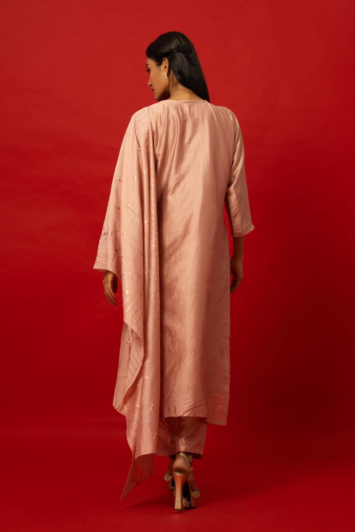 Lustrous Blush Pink Straight Kurta in Silk with Subtle Embroidered Patterns