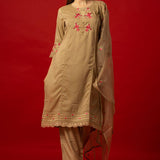 Ethnic Golden Beige Cotton Kurta Set with Subtle Floral Detailing