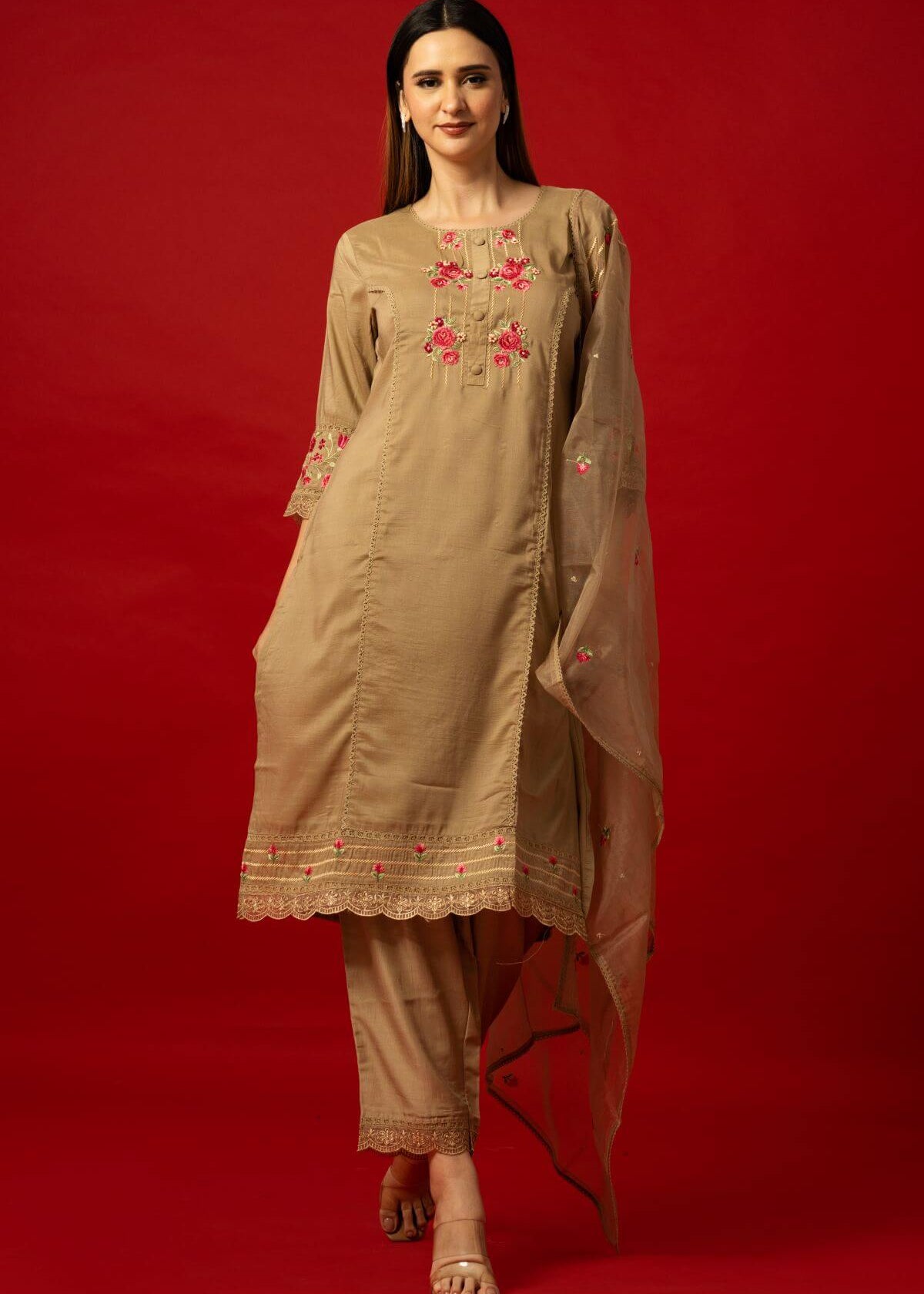 Ethnic Golden Beige Cotton Kurta Set with Subtle Floral Detailing