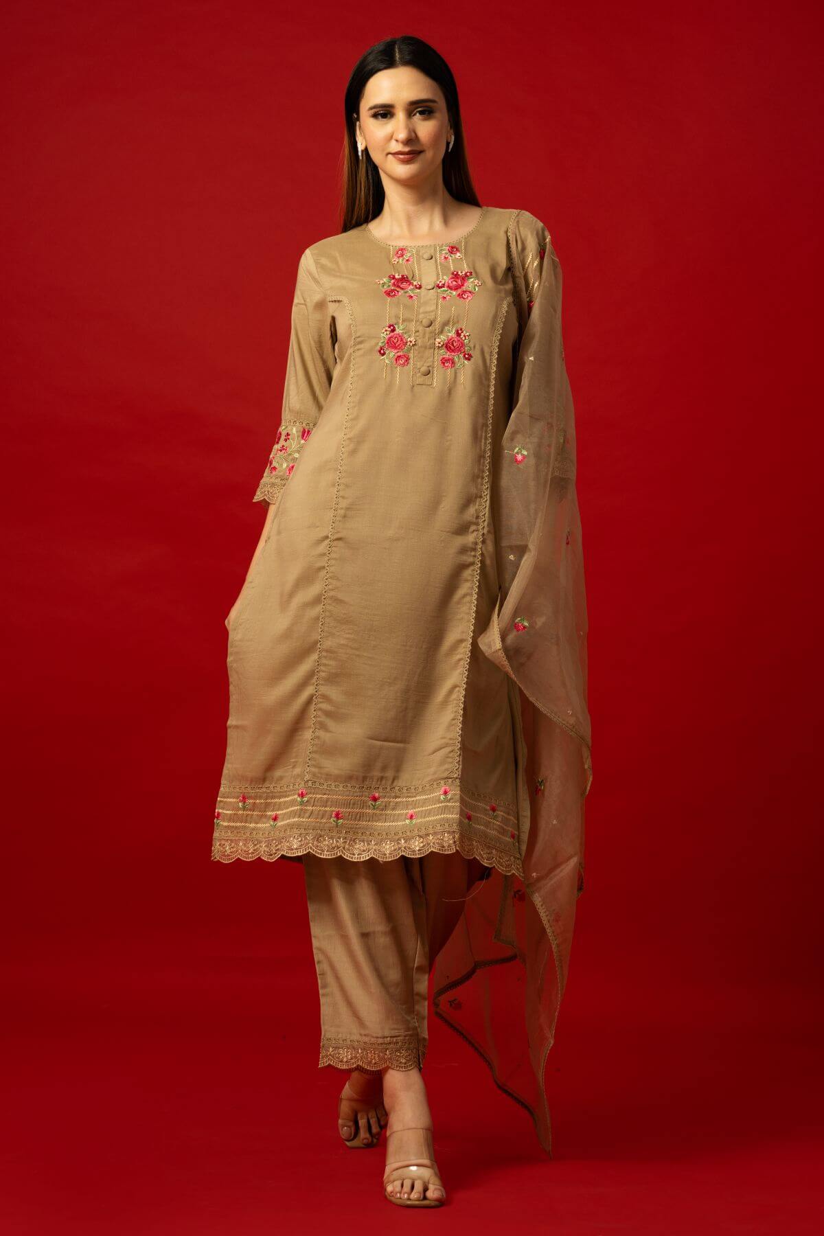 Ethnic Golden Beige Cotton Kurta Set with Subtle Floral Detailing
