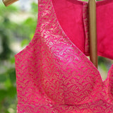 Fusia Pink Brocade Sleeveless Blouse with Curved V Neckline and Back Cutout - Anvi Couture