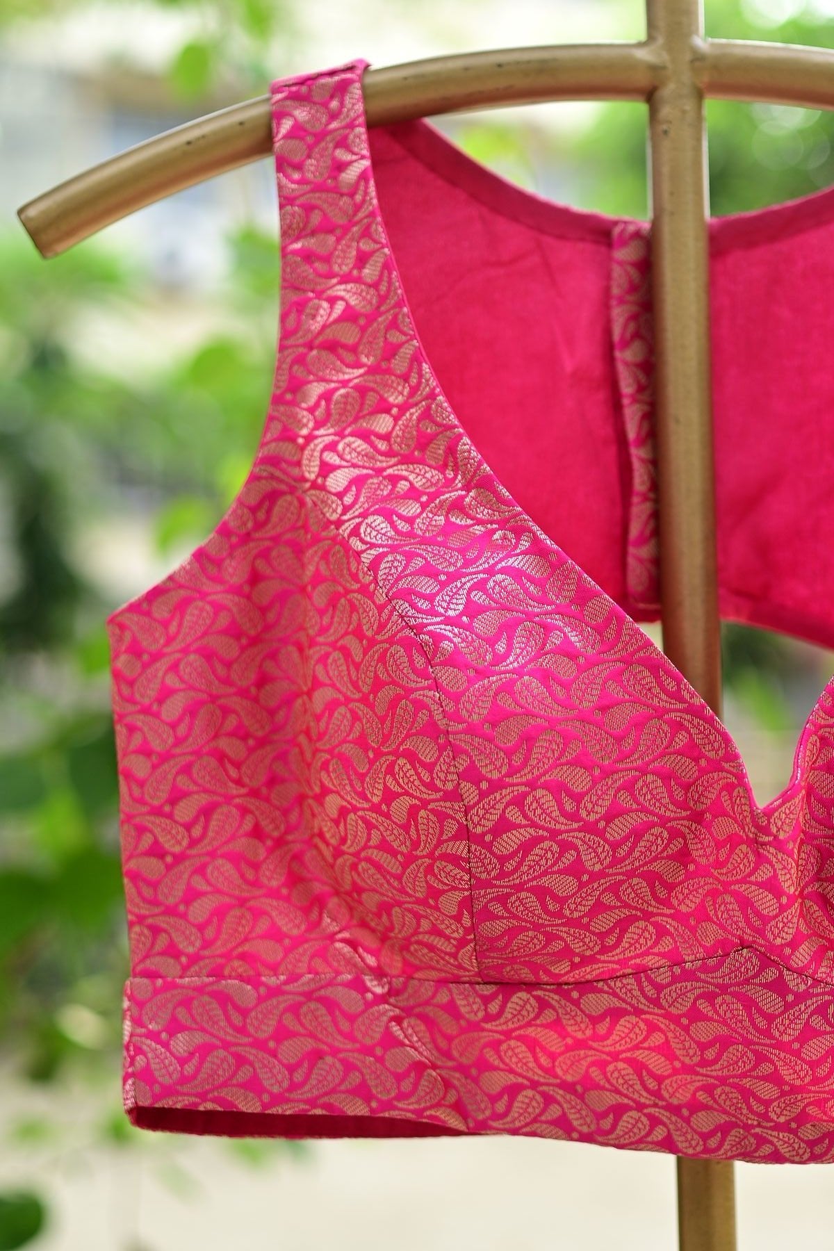 Fusia Pink Brocade Sleeveless Blouse with Curved V Neckline and Back Cutout - Anvi Couture