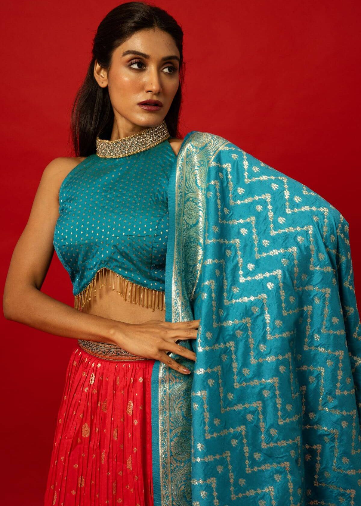 Pink and Blue Banarasi Silk Lehenga with Zari Work – Perfect for Bridesmaids