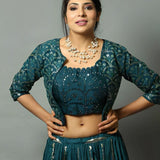 Teal Blue Handwoven Katan Silk Lehenga Set with Jacket - Anvi Couture