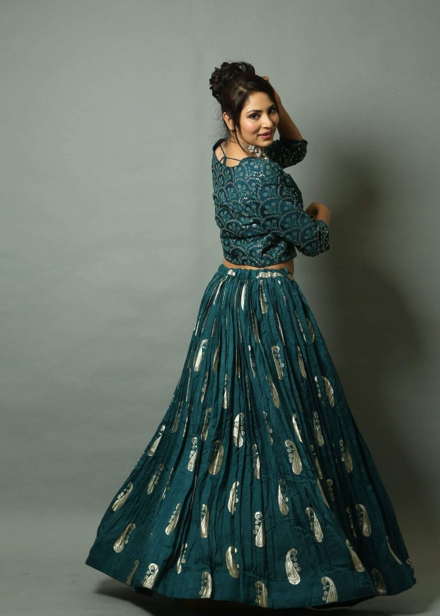 Teal Blue Handwoven Katan Silk Lehenga Set with Jacket - Anvi Couture