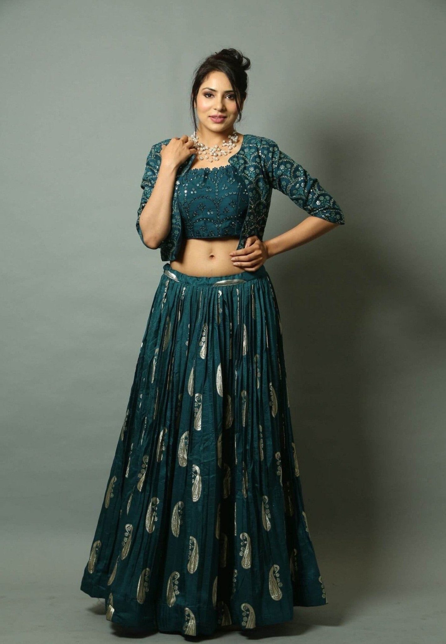 Teal Blue Handwoven Katan Silk Lehenga Set with Jacket - Anvi Couture