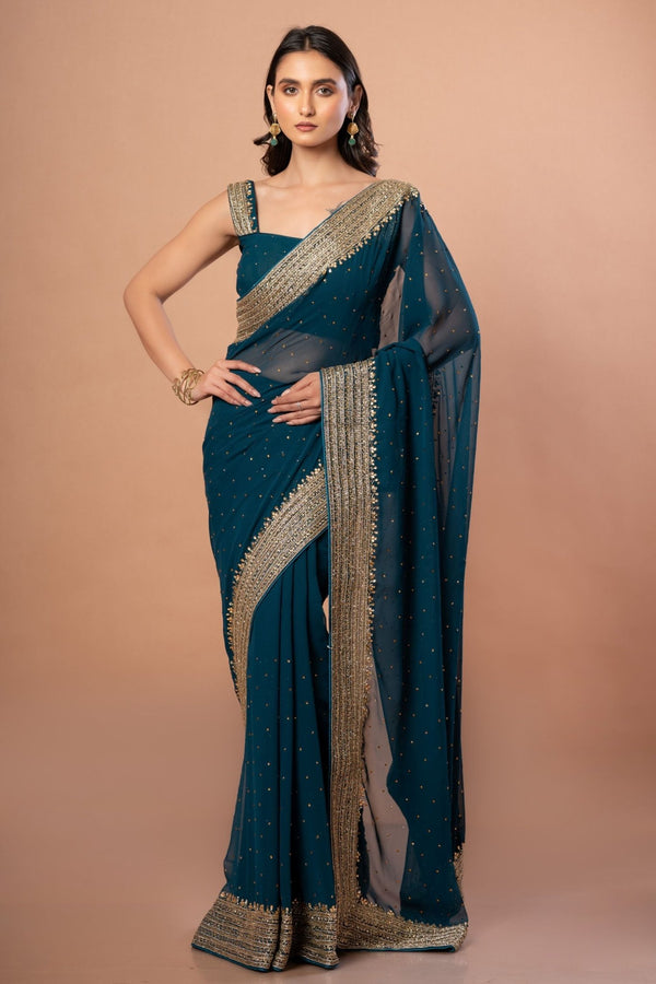 Teal Blue Designer Party Wear Saree Blouse Set With Hand Embroidered Border - Anvi Couture