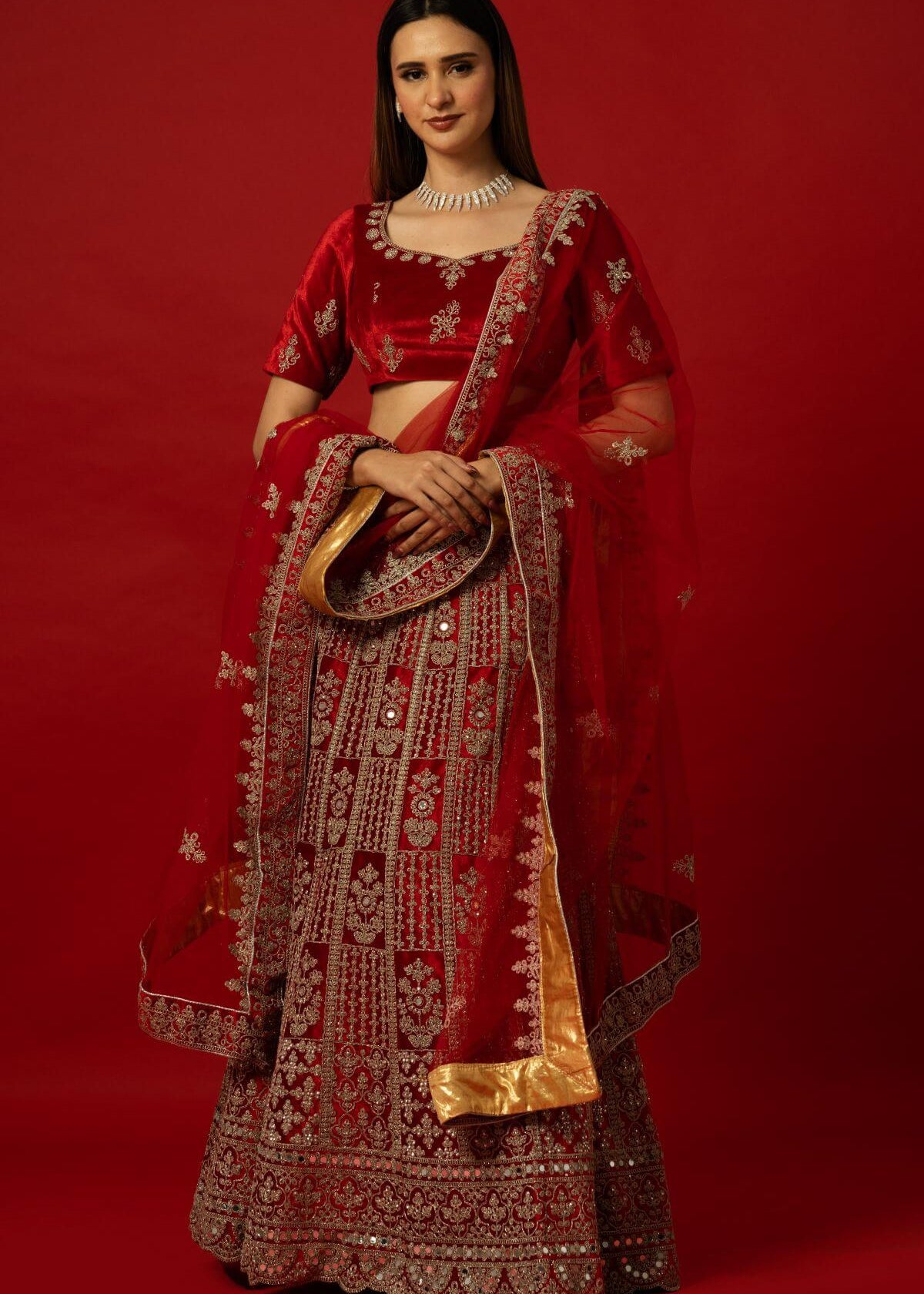 Stunning Red Velvet Bridal Lehenga with Handcrafted Zardozi Details