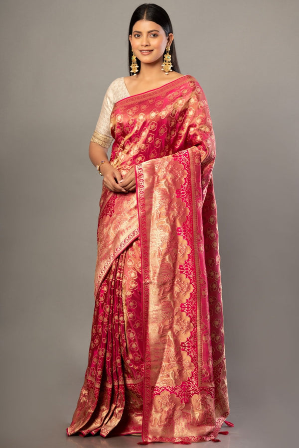 Pink Tissue Banarasi Silk Saree with all over woven zari work and floral butis - Anvi Couture
