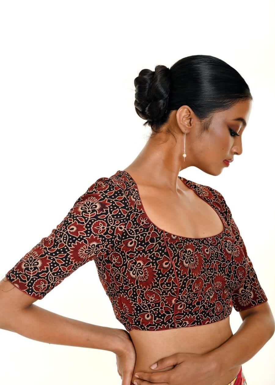 Handwoven maroon and black Ajrakh cotton blouse for ethnic saree pairing – stylish and eco-friendly