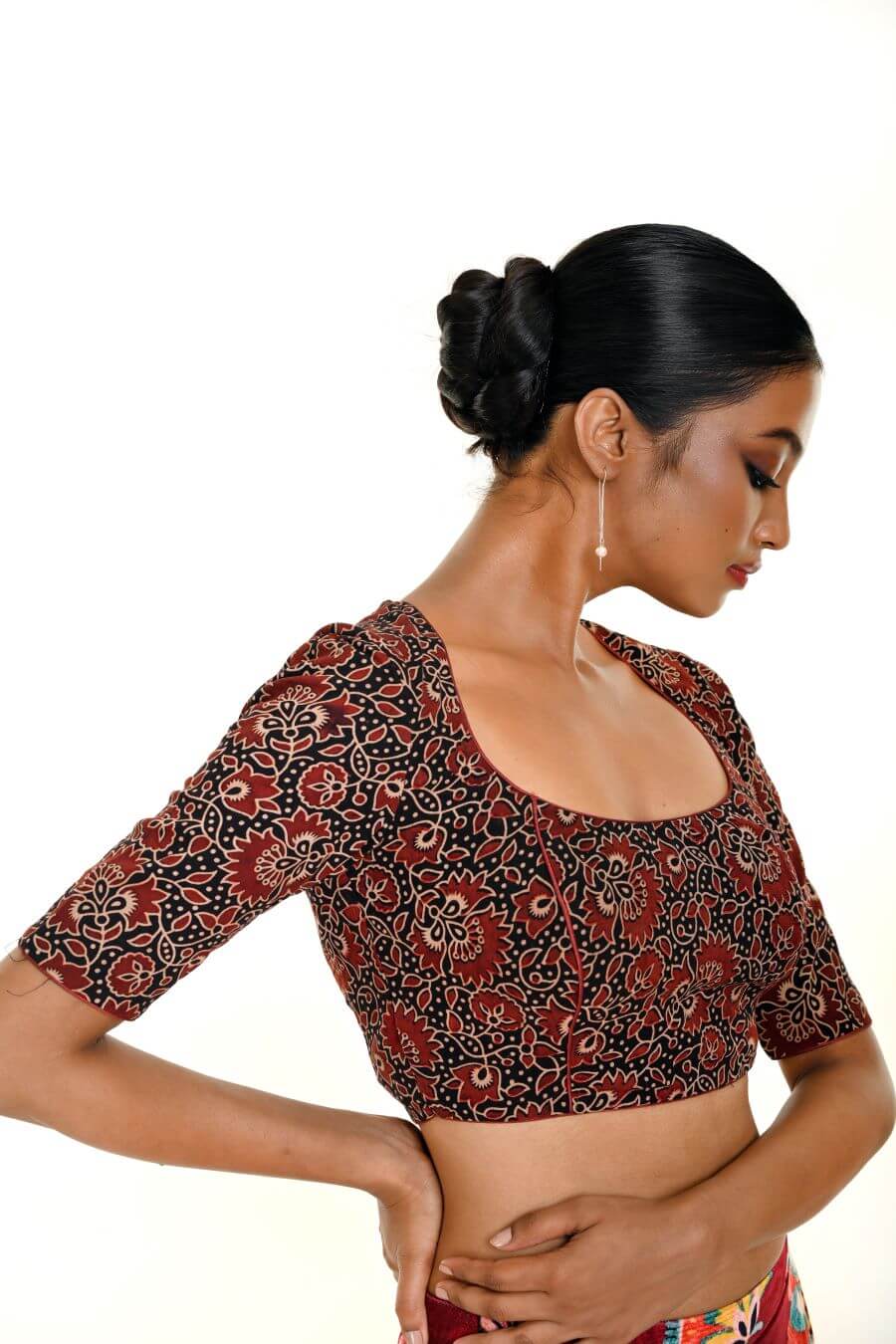 Handwoven maroon and black Ajrakh cotton blouse for ethnic saree pairing – stylish and eco-friendly