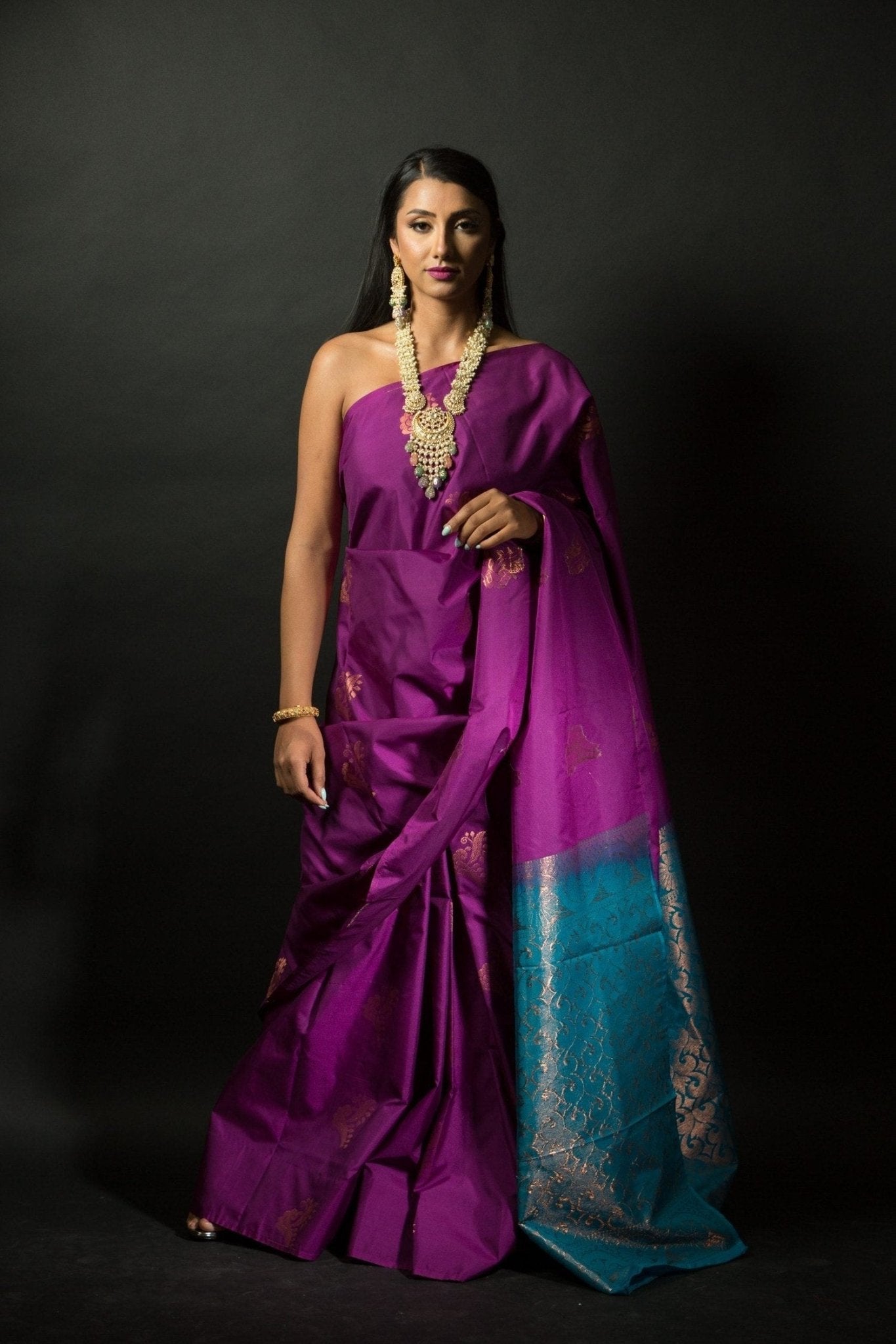 Purple and Azure Blue Pure Kanjivaram Silk Saree - Anvi Couture - Image 1