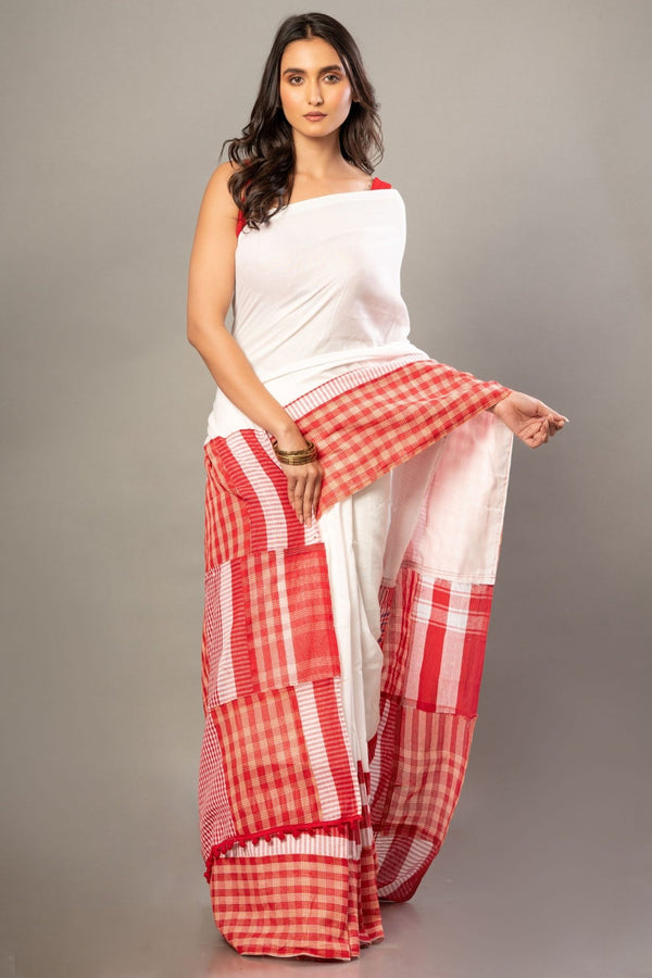 White Cotton Saree With Red Gamcha Patchworks in Border and Pallu - Anvi Couture