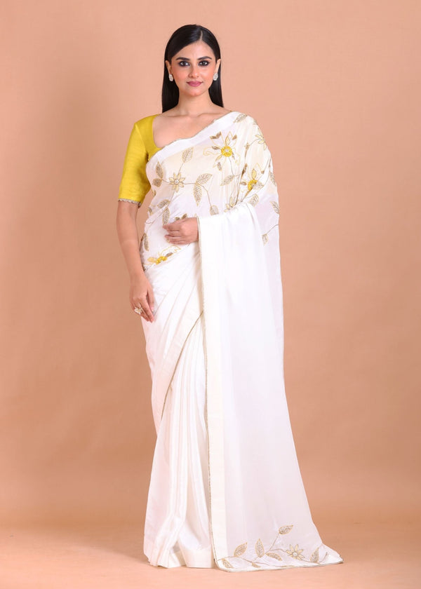 White Crepe Silk Hand Embroidered Floral Saree With Lace and Cutdana - Anvi Couture