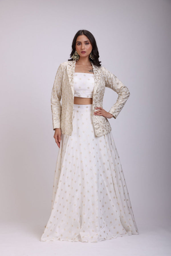 White Embroidered Jacket Lehenga Set - Anvi Couture