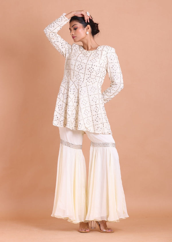 White Georgette Peplum Sharara Set with Gota Patti work - Anvi Couture