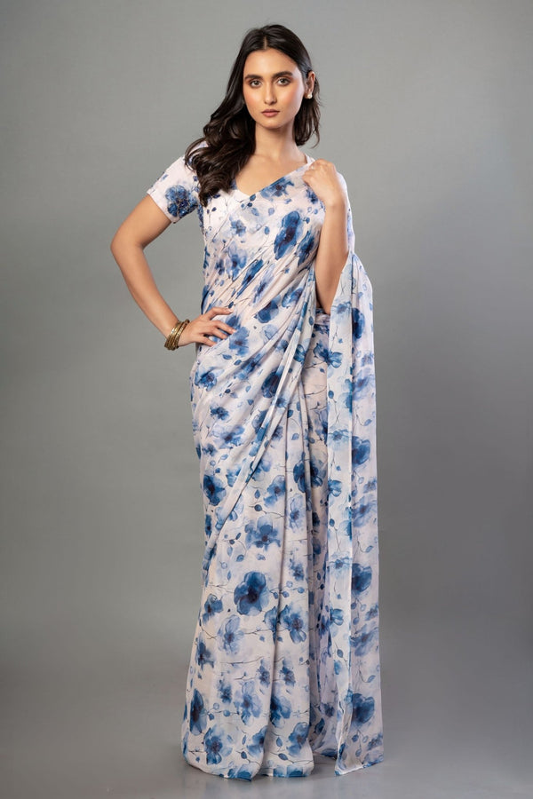 White Georgette Saree with Blue Floral Print - Anvi Couture