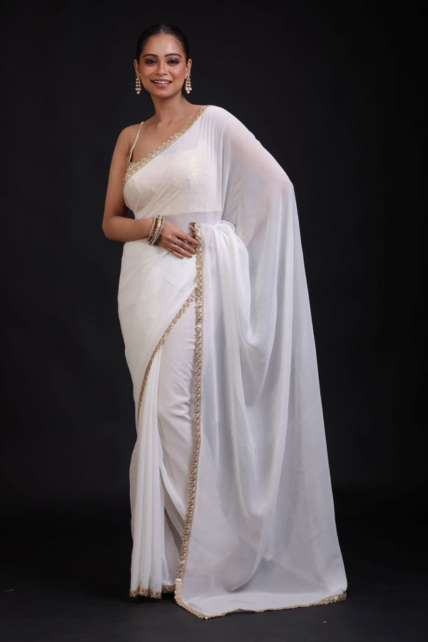 White Georgette Saree with Golden Lace Cutdana Border - Anvi Couture