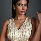 White Hand-Embroidered Tissue Silk Blouse with V-Neck