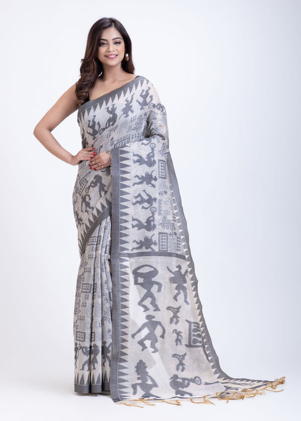 White Handwoven Jamdani Saree with Black Artistic Design Full
