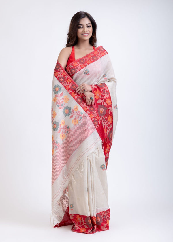 White Jamdani Saree Red Border - Anvi Couture