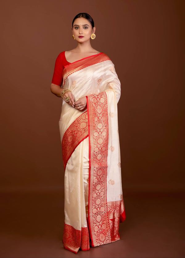 White Katan Silk Saree with Contrasting Red Border and Gold Zari Work - Anvi Couture