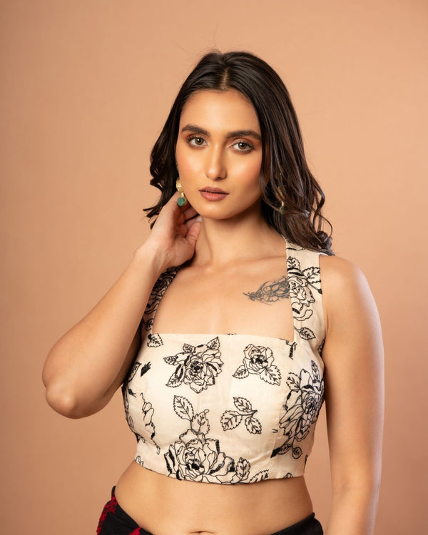 White Organza Blouse with Black Floral Embroidered Work - Anvi Couture