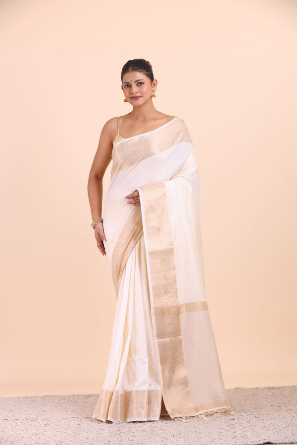 White Soft Silk Saree with Golden Border full