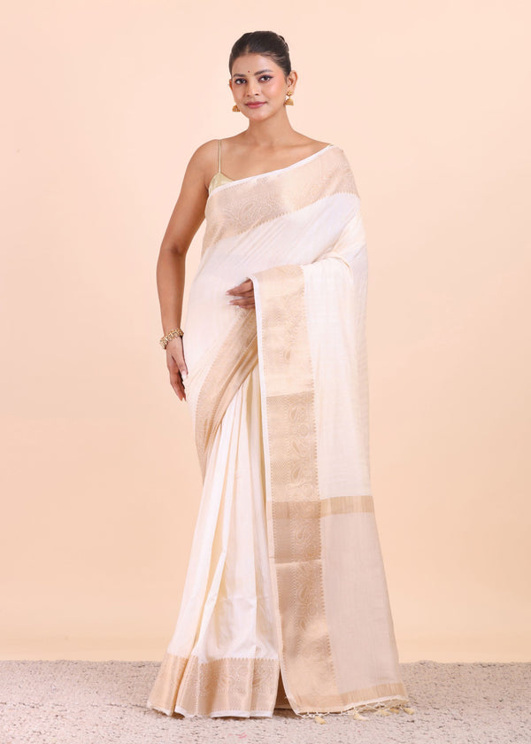 White Soft Silk Saree with Golden Border - Anvi Couture