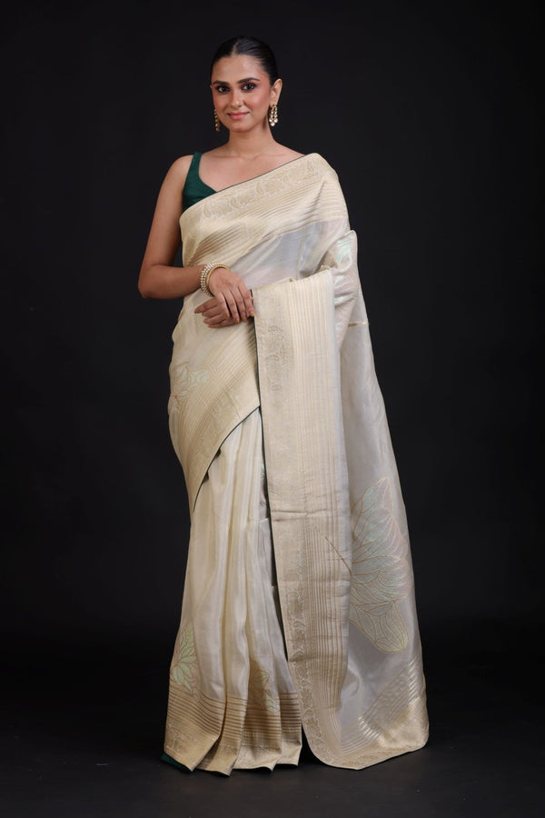 White and Gold Dola Silk Saree With Golden Woven work with Green Piping - Anvi Couture