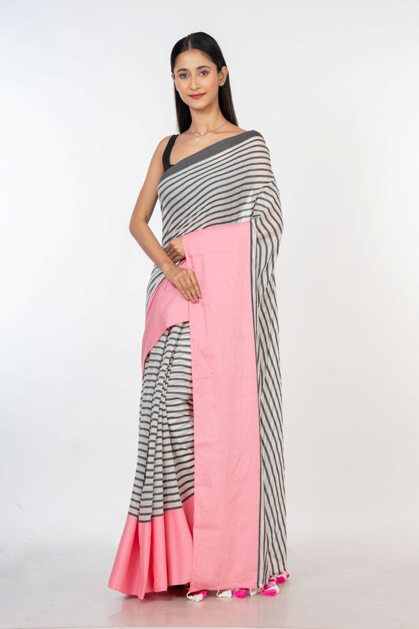White and Pink Cotton Striped Handloom Saree - Anvi Couture